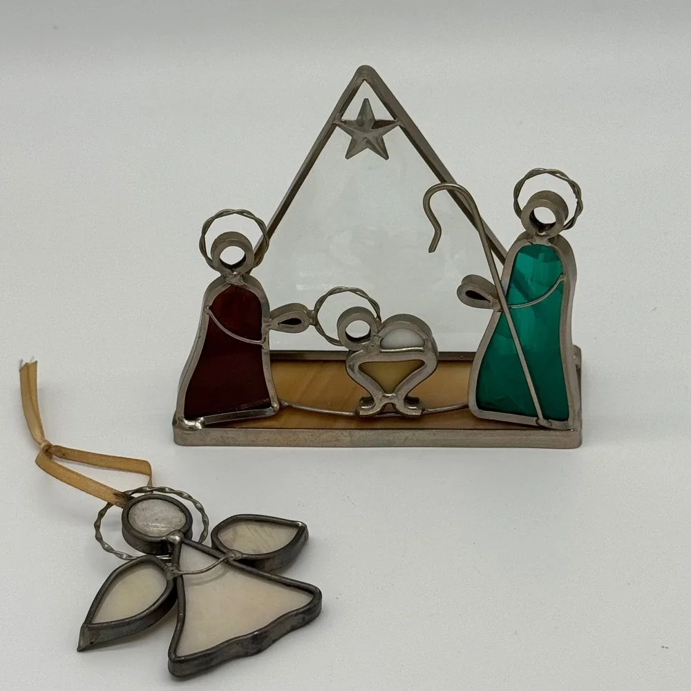 Vintage Stained Glass Nativity Scene Set Miniature Creche & Angel Ornament 4.5x4
